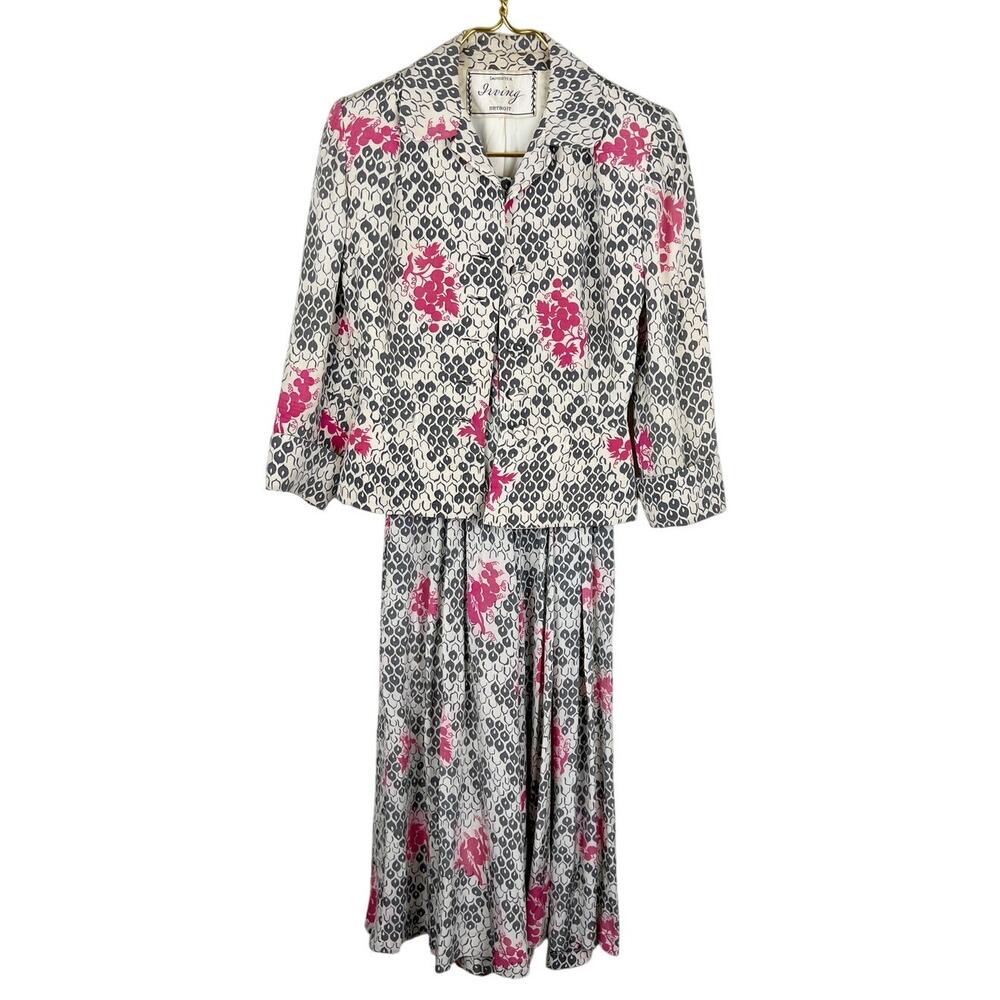 Vintage 1940's Irving Detroit Floral Silk Jacket Dress and Jacket Set Size XS